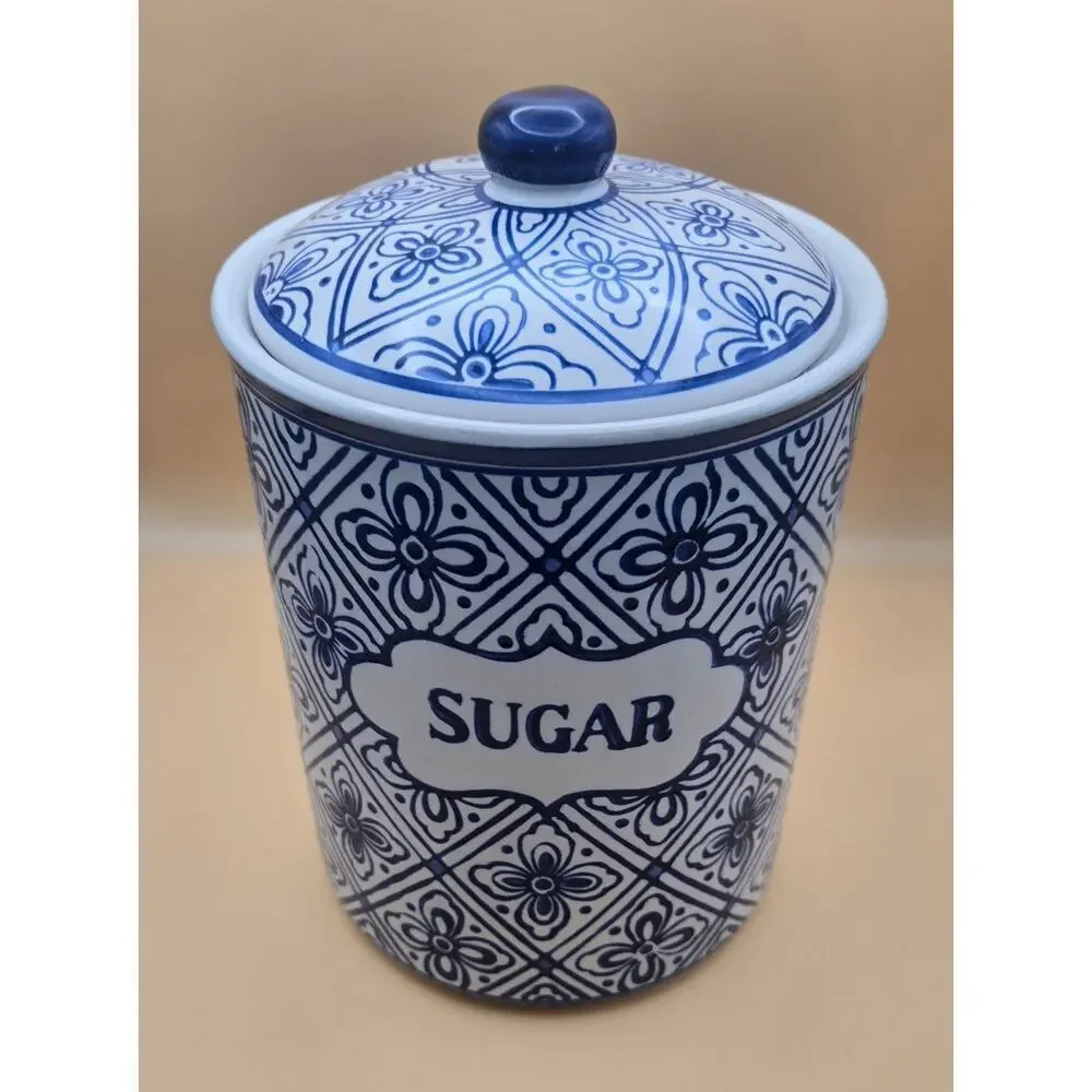 Classic Style White & Blue Floral Sugar Container with Lid Pre-Loved